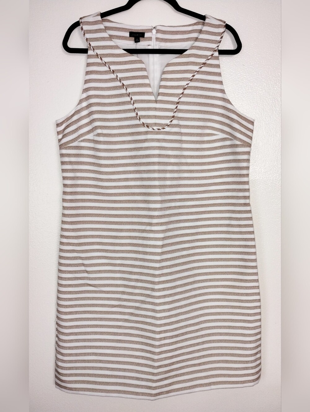 NWT Talbots Beige & White Striped Sleeveless Shift with Braided V-Notch
